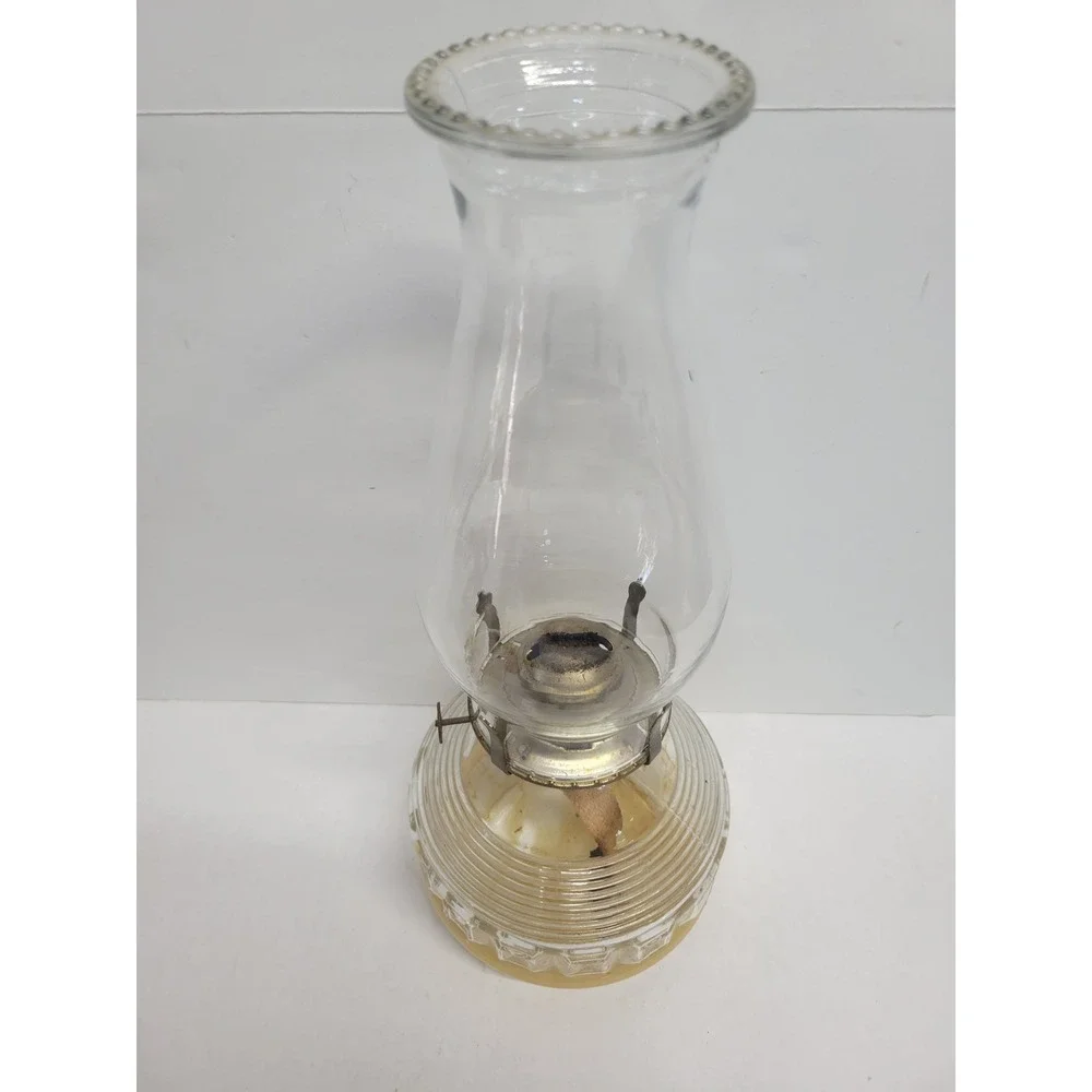 Vintage‎ Clear Glass Oil Lamp Ribbed Geometric Base Hurricane Chimney 13.5 Inch